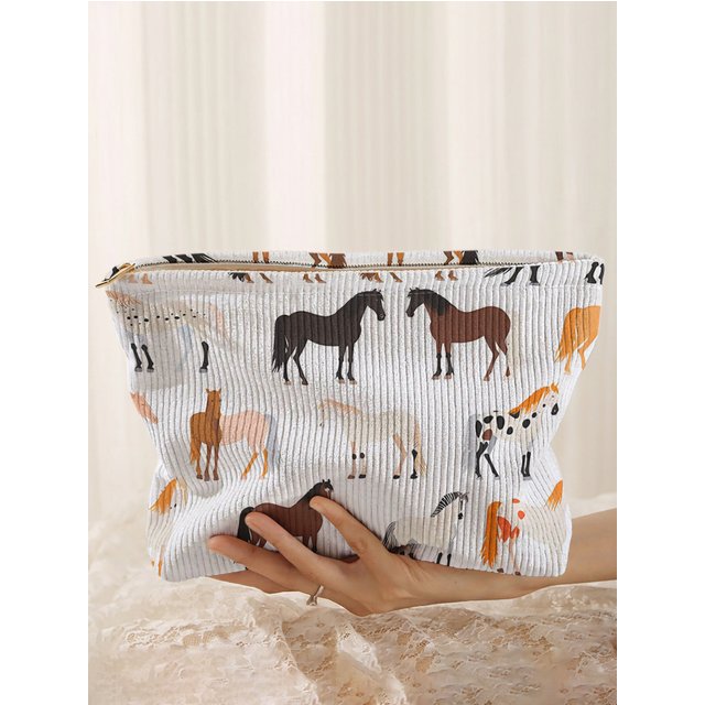Horse patterned corduroy makeup bag, lightweight zipper pouch, multifunctional lined bag for cosmetics