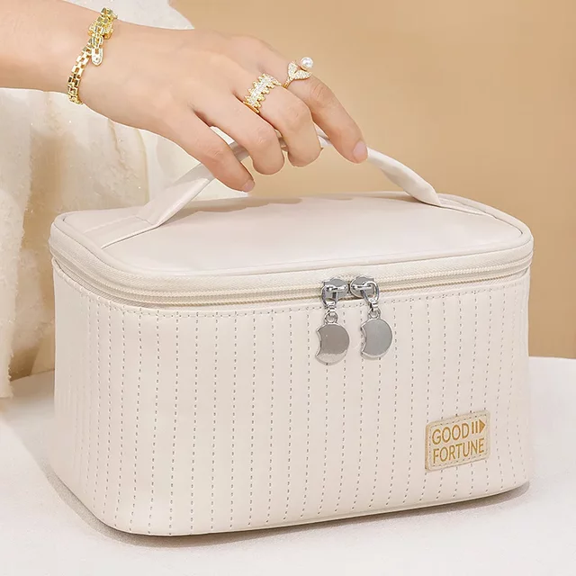 Convenient Makeup Bag PU Solid Color Handheld Toilet Bag Cosmetics Storage Bag Large Capacity Travel Storage WJ032
