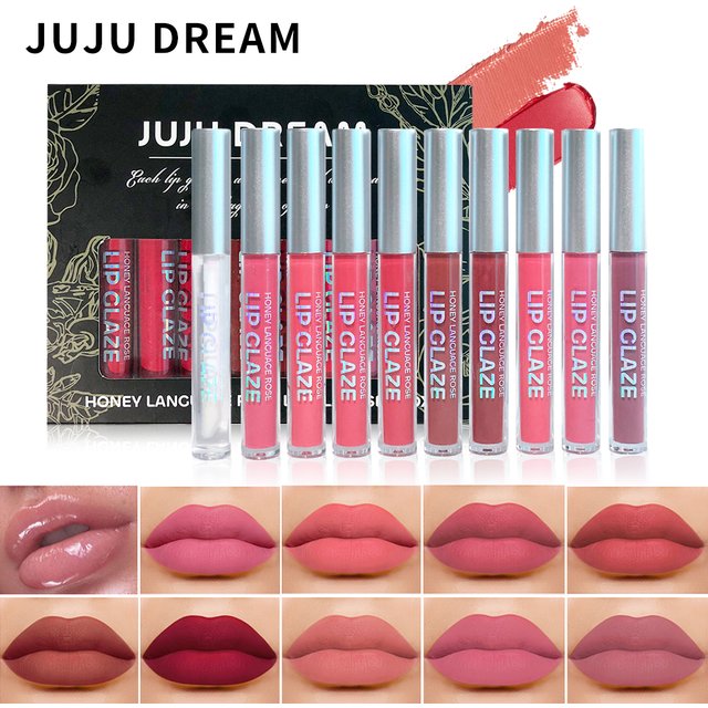 JUJU DREAM 10 pcs Honey Rose Lip Glaze Set Long-lasting Matte Velvet Lipstick Waterproof Lip Gloss Set Moisturizing Lip Gloss
