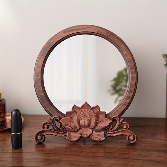 Miroir de maquillage circulaire en bois poli fabriqué à la main avec base florale, non parfumé, portable pour chambre à coucher, salle de bain et vanité