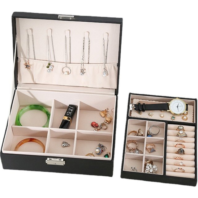 PU Leather Jewelry Storage Organizer and Makeup Case Double-layer Wooden Jewlery Box Ring Box Jewelry Boxes and Packaging with