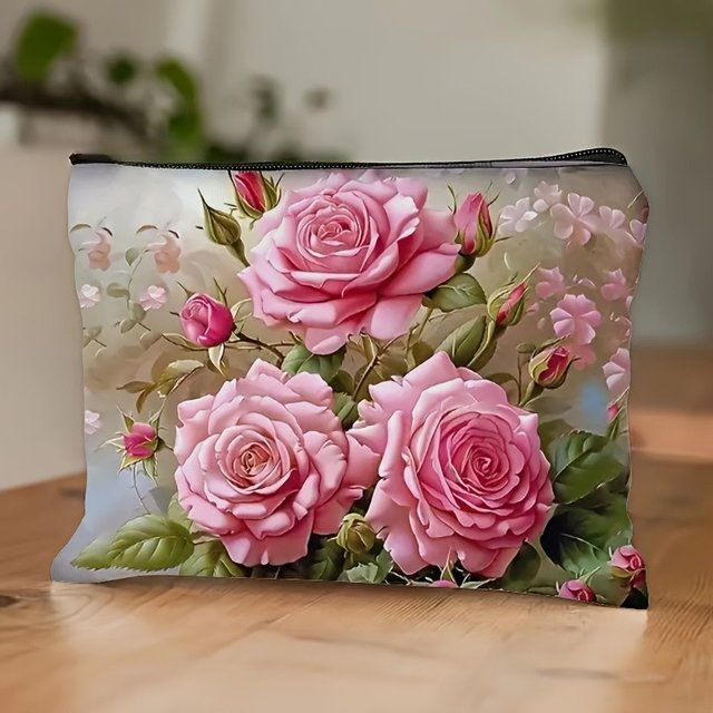 Floral Print Cosmetic Pouch Chic Pink Roses & Greenery Lightweight Foldable Zippered Makeup Bag, Travel Toiletry Organizer Bags