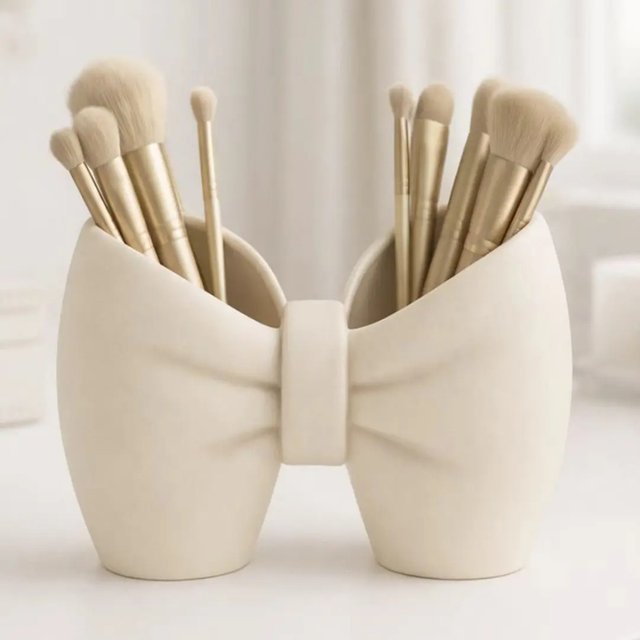 3D Cute Bowknot Makeup Brush Holder Desktop Organizer Pen Holder for Vanity, Office, Bathroom Decor Makeup Brush Storage Box