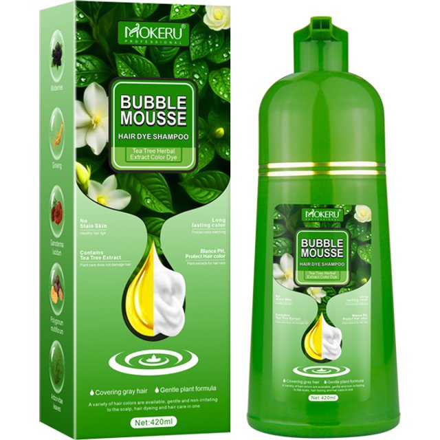 Mokeru Natural Tea Tree OiL Bubble Hair Dye Shampoo Permanent Long Lasting Musse Bubble Black Hair Color Shampoo for women Men