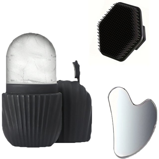 Ensemble d'outils de nettoyage du visage en 3 pièces, outil de raclage en forme de cœur en acier inoxydable, rouleau à glace, brosse faciale en silicone