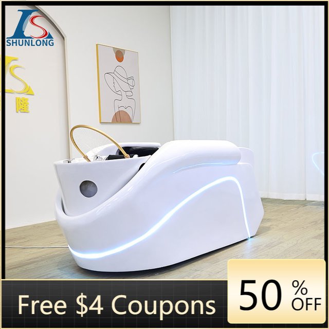 Electric Head Spa Shampoo Bed White Shell Blue LED Light Water Circulation Hair Washing Chair for Hair Salon