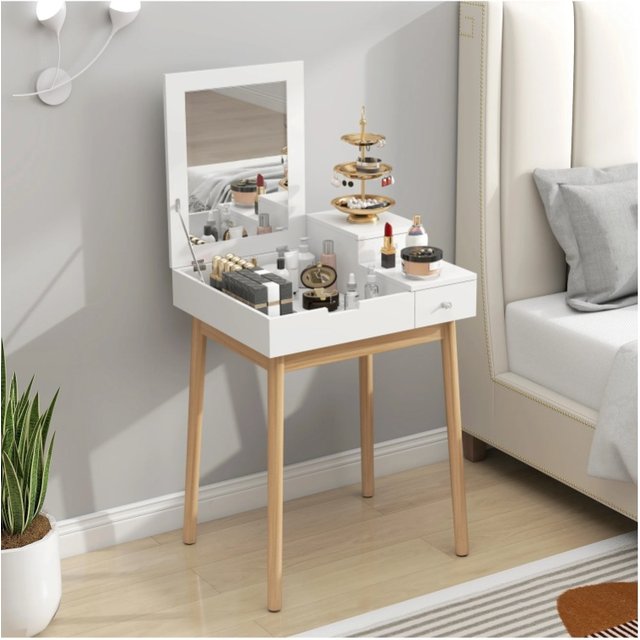 HOMCOM Dressing Table Desk Flip-up Mirror Multi-purpose 2 Drawers Makeup Bedroom White