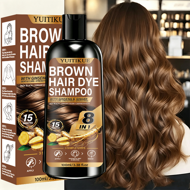 8 In 1 Brown Hair Dye Shampoo with Ginseng Ginger Nourish Scalp 15 Mins Fast Coloring Long Lasting Hair Coloring Shampoo