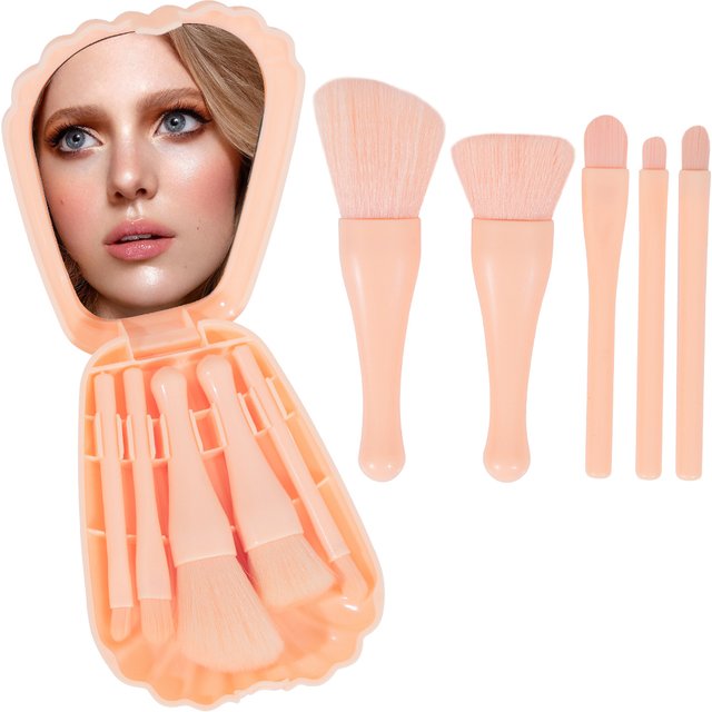 Mini Makeup Brush Set with Mirror Portable Makeup Brush Set, Shell Portable Travel Makeup Brush Set 5 Sizes Brush Mini Complete