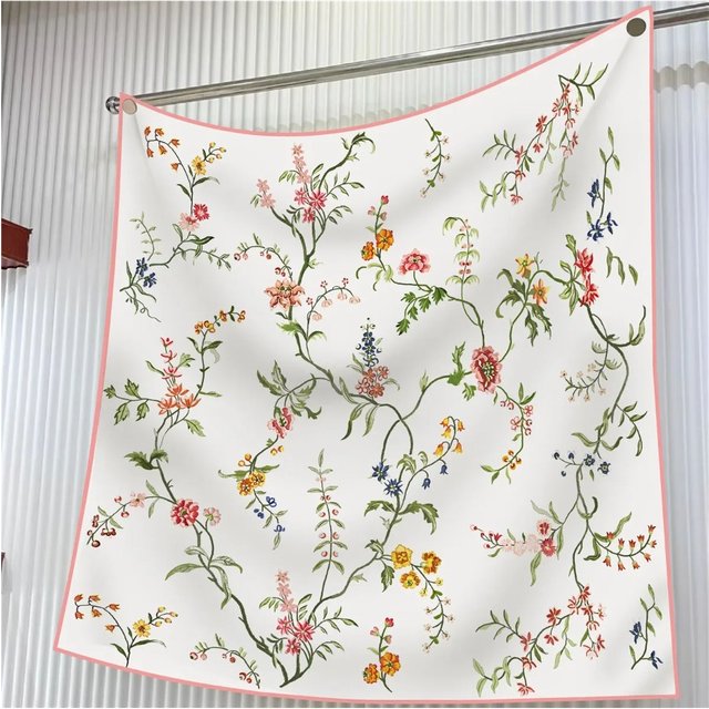 90cm French Floral Bird Scarf - Premium Twill Shawl, Fashion Sunscreen Wrap, Elegant Square Scarf for women