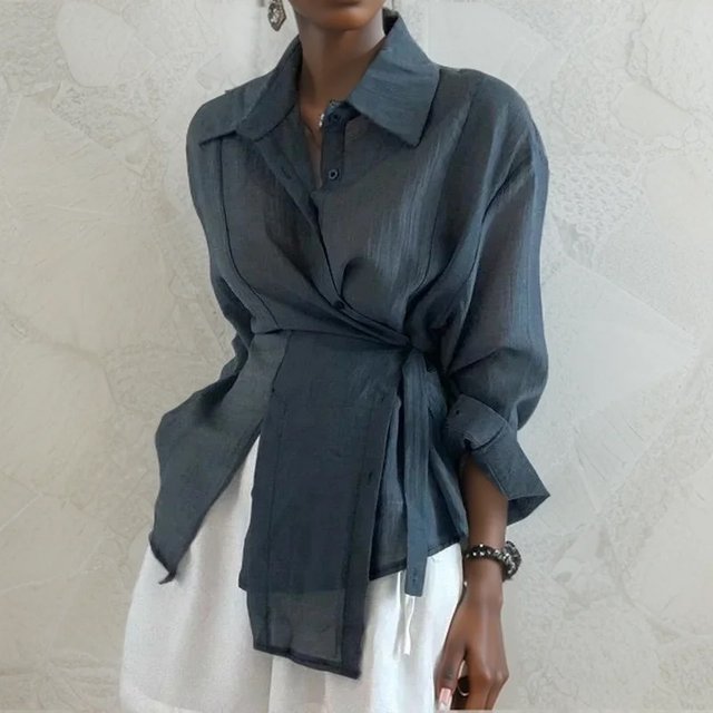 Fashion Loose Casual Shirts for women Fashion Lace-up Belt Long Sleeve Blouse Women Irregular Vintage Sunscreen Shirt Tops 15674