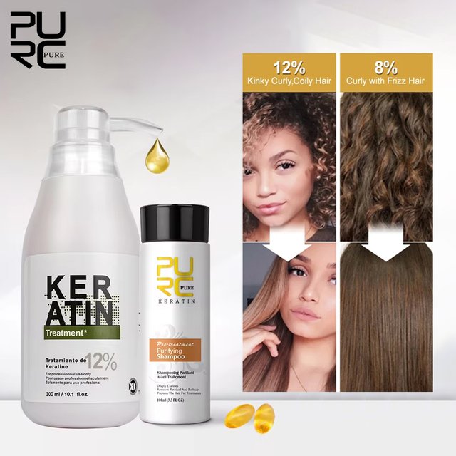 PURC 300ml Brazilian Keratin Hair Treatment & 100ml Purifying Shampoo Set Professional Straightening Repair Frizz Soft Hair Care