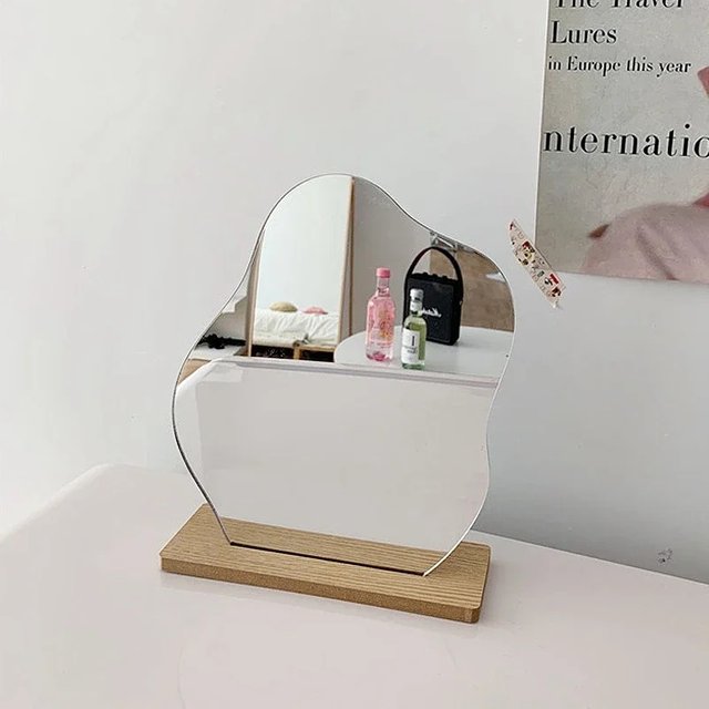 1pc Decorative Mirror, Acrylic Wooden Base, Minimalist Irregular Makeup Mirror, Bedroom Vanity Mirror, Beauty Cosmetics