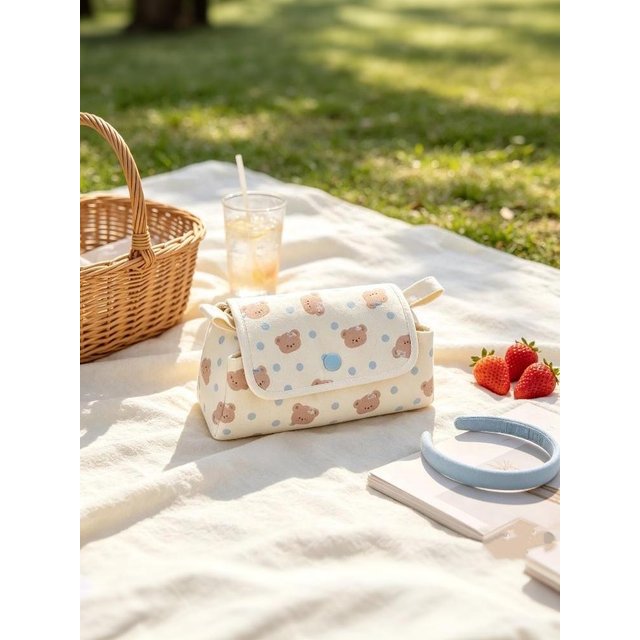 Milk Blue Bear Polka Dot 3-Layer Pencil Case Large Capacity Student Stationery Box Cute Cosmetic Storage Bag