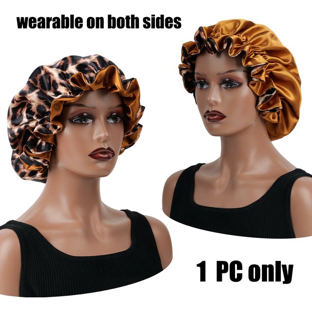 1PC Leopard Print Satin Silk Bonnet Double Layer Sleep Cap Comfortable Casual Hair Care Hat for Daily Use