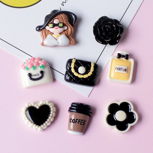 10pcs Black Series Girl Perfume Bag Cabochons Flatbacks Phone Cases Deco Parts Scrapbooking Crafting Supplies Resin Accessories