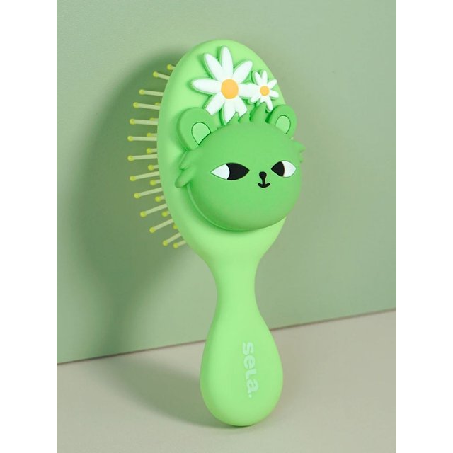 Green Cartoon Hair Brush with Daisy Flower Decor Adorable Animal Design Soft Bristles for Kids Gentle Hair Styling
