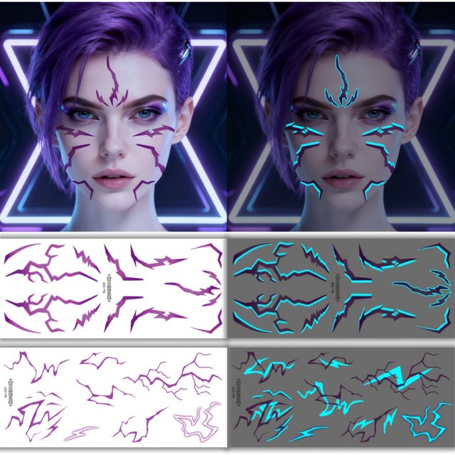 4 Sheets Kpop Temporary Tattoos Purple Lightning Bold Makeup for Cosplay Role Play Waterproof Face Art Stickers Luminous Tattoo