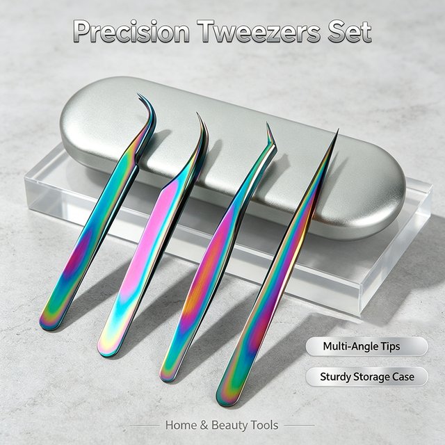 Eyelash Extension Tweezers Set Stainless Steel Curved & Straight Lash Tweezers with Storage Case, Professional Lash Makeup Tool
