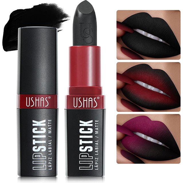 USHAS Black Matte Lipstick Holloween Party Long Lasting Lipsticks Waterproof Anti-smudge Gothic Velvet Lip Makeup Cosmetics