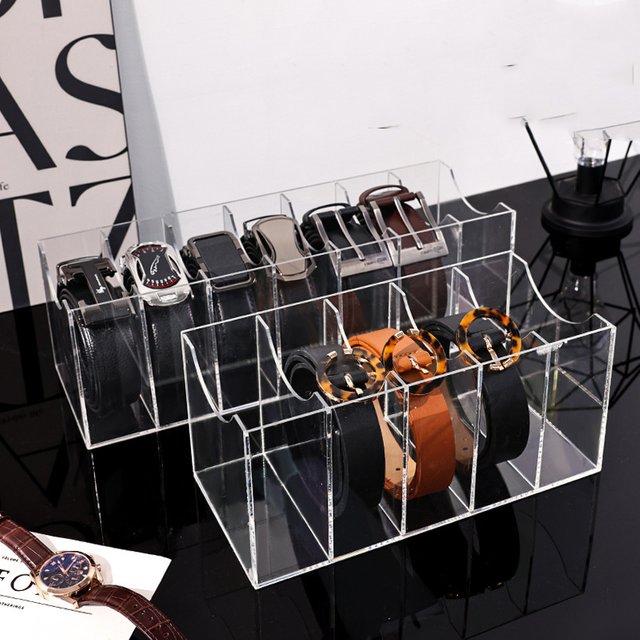 Clear Acrylic Belt Organizer with Dividers, Multi-Grid Desktop Belt Storage Box, Multifunctional Drawer Display Container for Belts, Ties, Bow Ties & Cosmetics, Closet Accessory Storage Holder for men