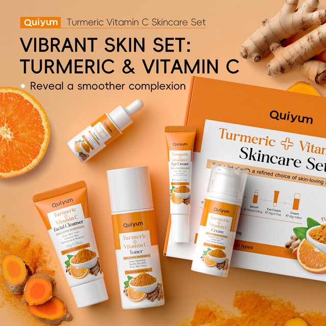 QUIYUM Turmeric Vitamin C Skincare Set 5PCS Hydrating Radiance Booster Tightening Treatment Anti-Aging Gift Kit