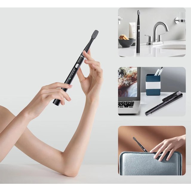 Portable Smart Slim Sonic Electric Toothbrush for Adults 6 Brush Heads Type-C Charging Whitening Cleaning Travel Case Oral Care