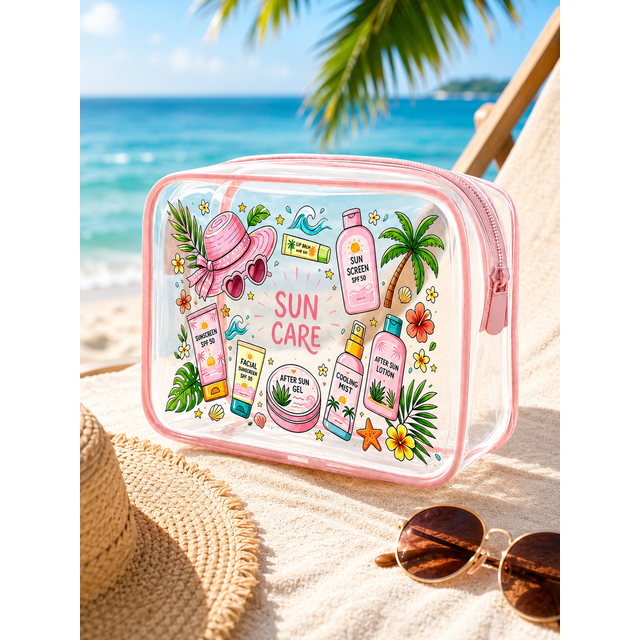 Pink Sun Care Clear PVC Makeup Bag, Waterproof Double Zipper Toiletry Organizer for women, Beach, Pool, Travel & Vacation