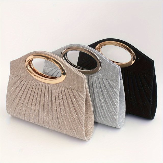 Chic Shiny Pleated Handle Stylish Evening Bag, Elegant Clutch Purse for Cocktail Party Portable Makeup Bag, Special Prom Parties