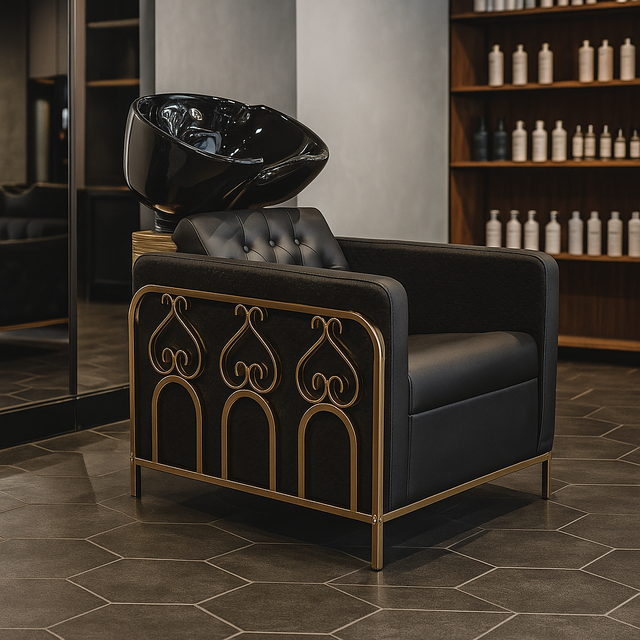 Luxury Black Gold Salon Shampoo Chair Backwash Unit with Ceramic Basin for Hair Washing