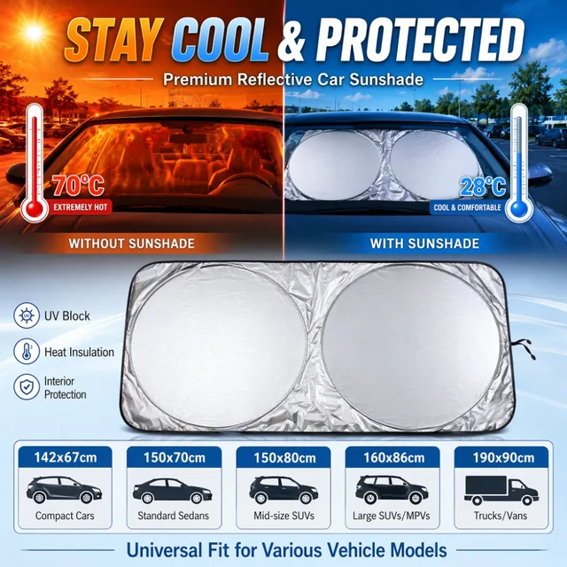 Interior Car Windshield Sun Cover, Foldable Anti UV Sunscreen Parasol, Heat Insulation Sun Visor Protector Auto Accessories