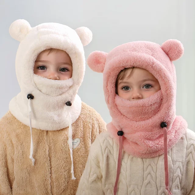Chapeau écharpe en peluche d'hiver pour bébé, bonnet à capuche de couleur unie pour enfants de 3 à 10 ans, masque de couverture faciale, cagoule