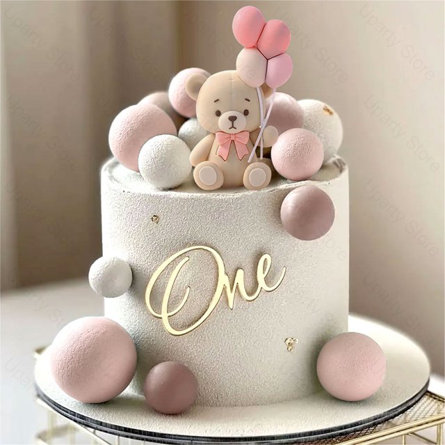 Blush rose ours décoration de gâteau nu poussiéreux rose boules ours tenant des ballons décoration de gâteau pour 1er anniversaire bébé douche bricolage gâteau décor