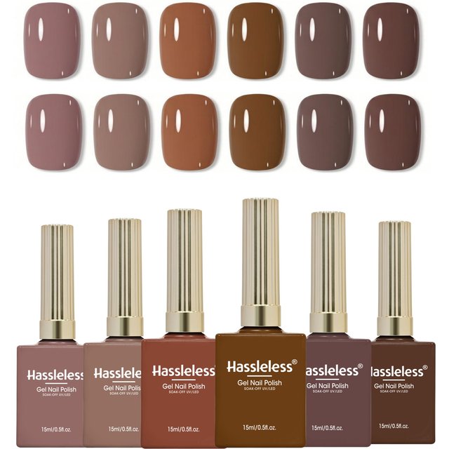 Hassleless 6-Piece Nail Polish Gel Set, Brown Gel Nail Polish, Semi-Permanent Nail Gel Set, Glossy Effect, Alcohol-Free Formula, Autumn and Winter DIY Nail Set, Salon-Grade Colored Gel, High-End Nail