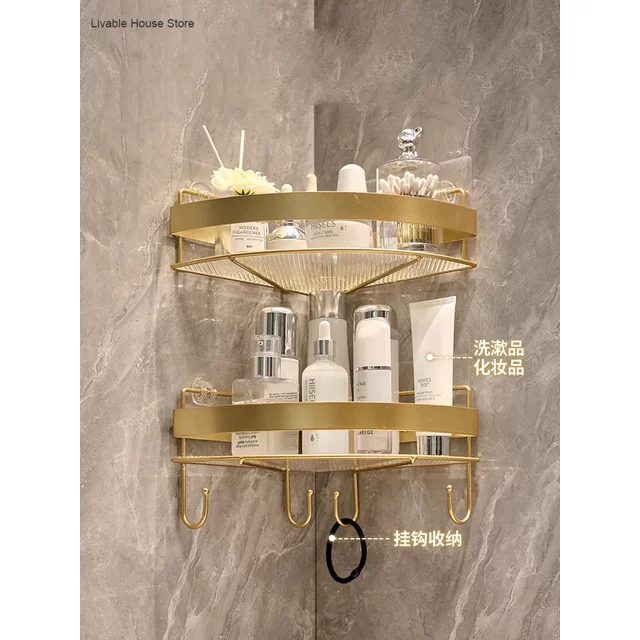 Support de rangement de salle de bain doré, trépied sans poinçonnage, support de rangement mural pour shampoing, gel douche, accessoires de salle de bains