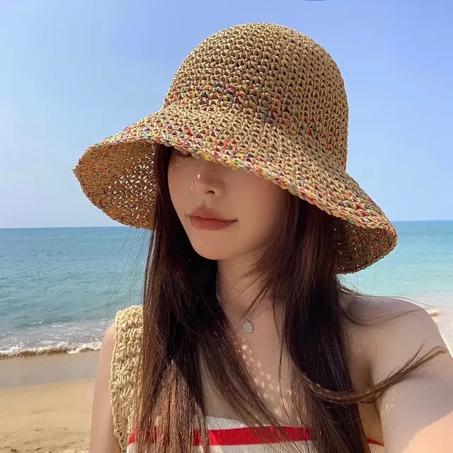 Summer Sun Hats for women Straw Hat Showing Face Small Bucket Hat Large Brim Sunshade and Sunscreen Seaside Beach Cap