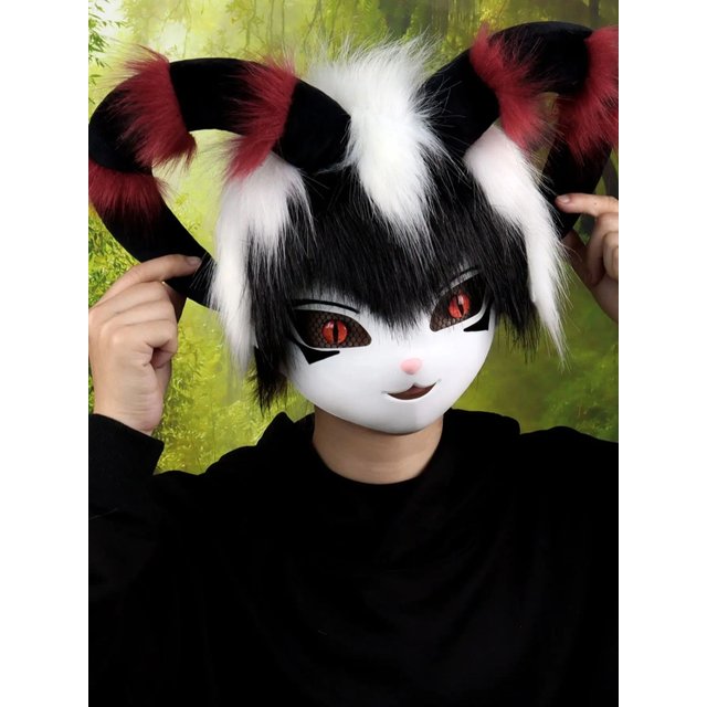 Faux Fur Animal Fox Cow Horn Face Mask for Masquerade Party Cosplay Costume Accessory