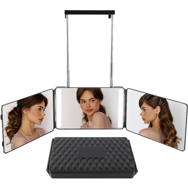 3 Way Haircut Mirror 360 Mirror with LED Lights Door-Hanging Design with Hook Perfect for Makeup Self Hair Cutting Portable Fold