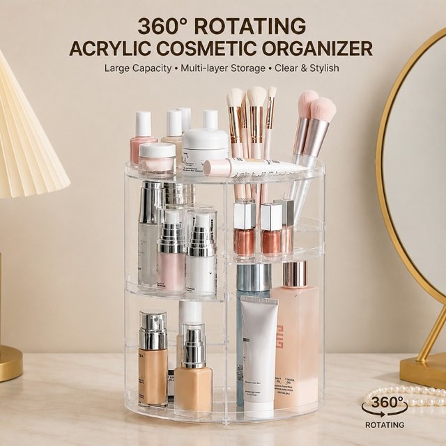 360° Rotatable Acrylic Cosmetic Organizer Transparent Multi-Layer Large Capacity Makeup Storage Holder Vanity Bathroom Desktop