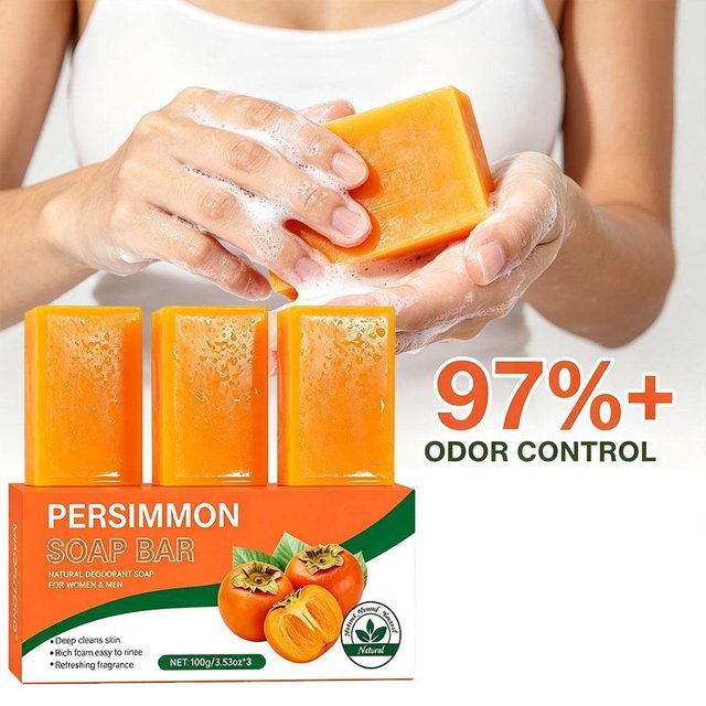 3*100g Persimmon Soap Bar for Body Odor Removal Handmade Persimmon Green Tea Soap for Face and Body Wash Gentle Deodorant Bar