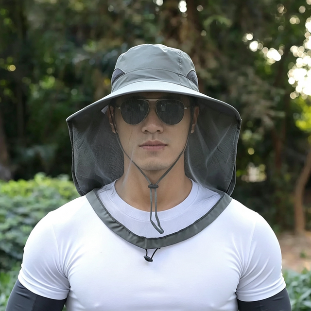 UV Protection Hat with Face Mask Breathable Insect Protection Wide Brim Fishing Hat Outdoor Sport Nature Hiking Camping Mesh Hat