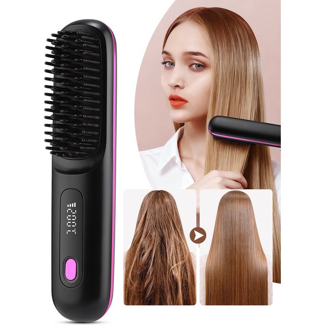 Cordless Hair Straightener Portable Straightener Brush 3 Adjustable Temp Hair Straightening Brush Anti-scald Hair Styling USB