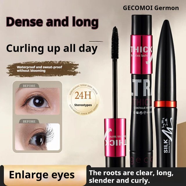 GECOMO Silk Grafted Fiber Mascara Set Double Tube Waterproof Long-Lasting Non Smudging Creates Long Naturally Curled Eyelashes