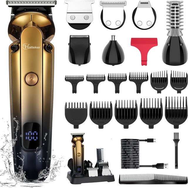 Hatteker 6-in-1 Professional Hair Clipper Ceramic Blade Male Hair Trimmer LED Display Haircut Machine USB Charging