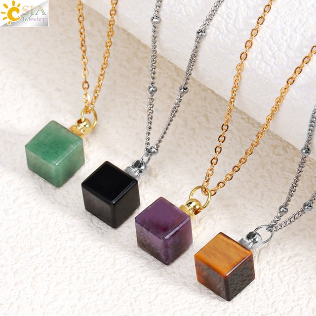 CSJA – collier de parfum en pierre naturelle, pendentif carré, bouteille en cristal Cube, huile essentielle Reiki diffuse, bijoux pour femmes H411