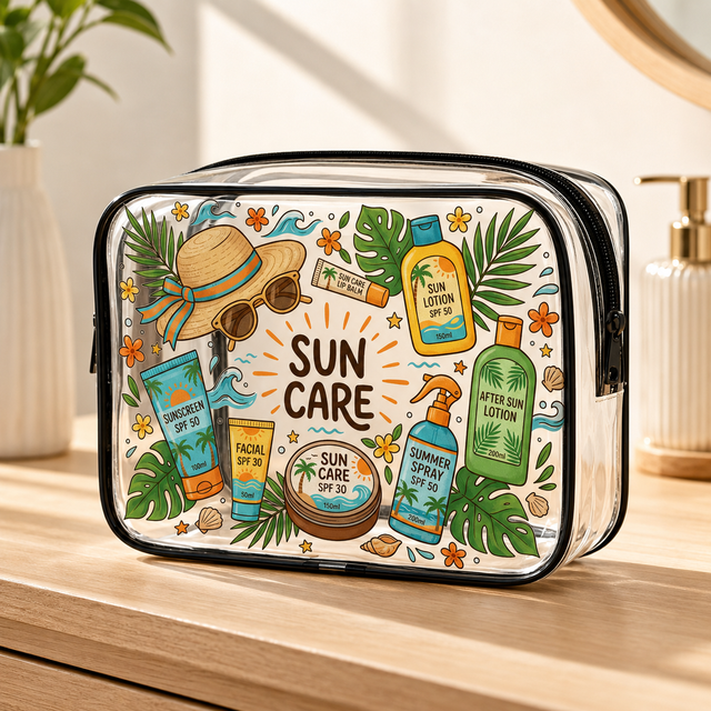 Sun Care Clear PVC Toiletry Bag, Waterproof Travel Makeup Organizer Pouch for women Beach Skincare Storage