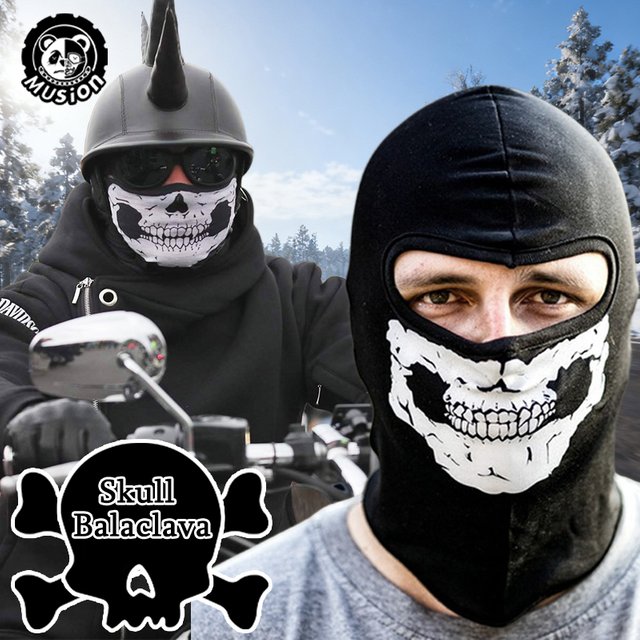 Musion Full Face Mask Black Ghosts Print Balaclava With Skull Printed For Cosplay Party Motorcycle Bike Cycling Hiking Outdoor