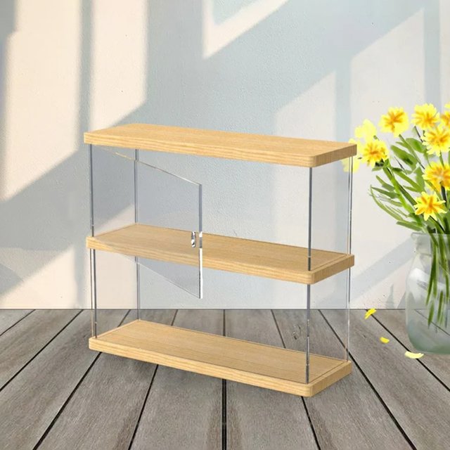 Vitrine en acrylique pour figurines, supports de poupées, boîte de rangement pour boîtes mystères, base en bois, boîte anti-poussière, rangement pour tasses et parfums, vitrine en bois