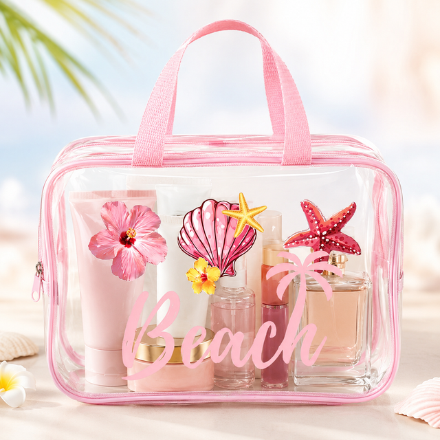Clear PVC Beach Cosmetic Bag, Pink Handle Large Capacity Travel Toiletry Organizer for women Makeup Skincare Storage