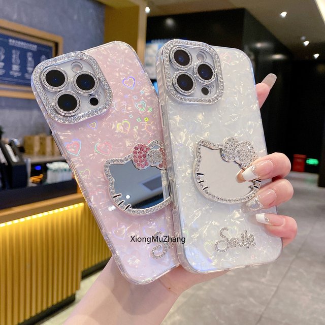 3D Makeup Mirror Glitter Cute Cartoon Sanrio Hello Kitty Phone Case for iPhone 18 17 16 15 14 13 12 11 Pro Max Shockproof Cover